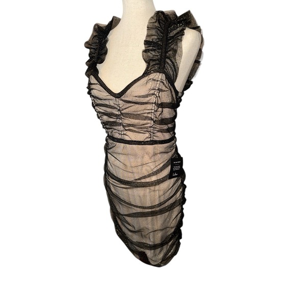 Lulus Dress Sz L Dazzling Black Beige Metallic Bodycon Mini Whimsigoth Fairy - Picture 5 of 12